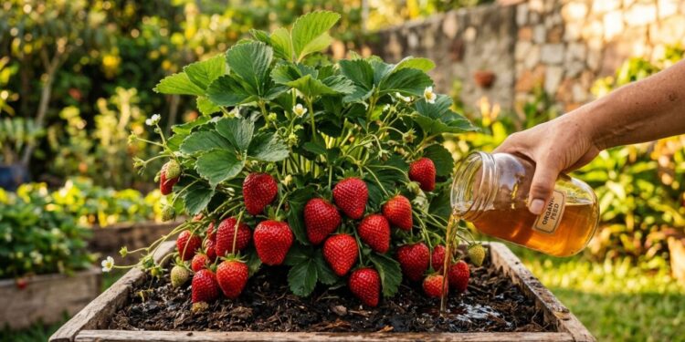 Os morangos crescem como fermento: ao plantá-los no buraco, adicione uma colher de sopa de infusão de casca de batata