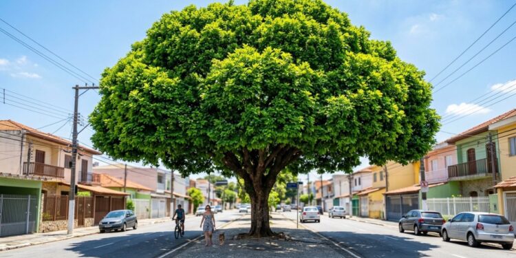 A árvore que virou a favorita para fazer sombra em estacionamentos porque sua copa é densa e as raízes afundam sem rachar o asfalto