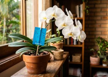 Como afastar tripes das orquídeas em menos de um minuto: truque caseiro eficaz usando fita adesiva azul ao lado do vaso