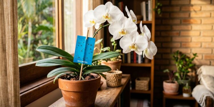 Como afastar tripes das orquídeas em menos de um minuto: truque caseiro eficaz usando fita adesiva azul ao lado do vaso
