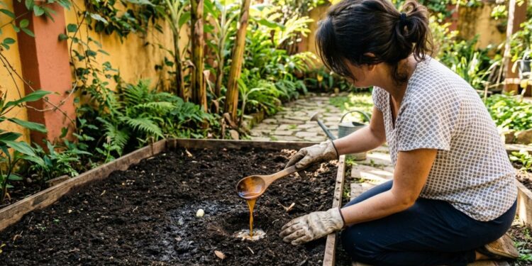 Os pepinos germinam como fermento: ao plantá-los no buraco, adicione uma colher de sopa de infusão de casca de banana