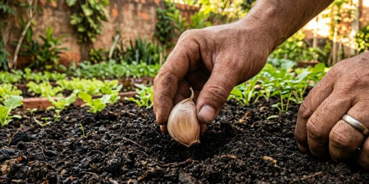 O alho germina como fermento: ao plantá-lo no buraco, coloque a ponta fina virada para cima e cubra com cinzas
