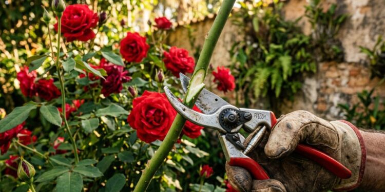 Como podar uma roseira para obter mais flores fazendo cortes na diagonal exatamente dois dedos acima de um broto novo