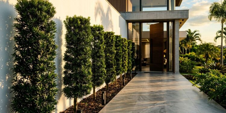 O pinheiro estreito que virou o favorito de entradas de casas modernas porque não solta folhas e cria corredores verdes elegantes