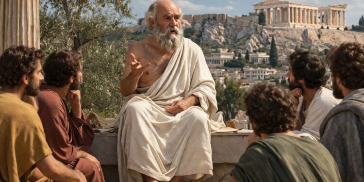 Sócrates, filósofo grego (470–399 a.C.), conhecido por seu método de questionamento crítico: “Só sei que nada sei.”