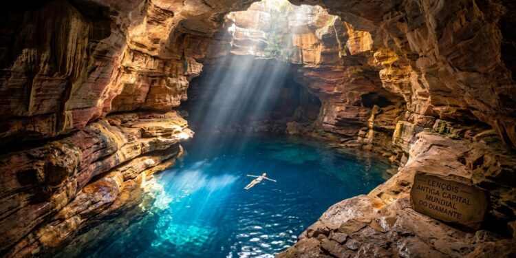 A antiga capital mundial do diamante onde o sol desenha feixes azuis dentro de grutas e guarda cachoeira de 340 metros