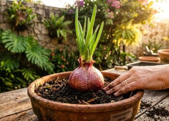 A cebola cresce como fermento: ao plantar o talo no buraco, não enterre por completo e deixe a ponta tomar sol