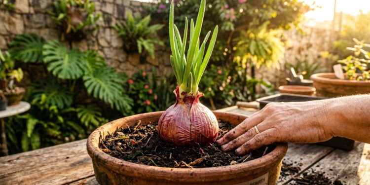A cebola cresce como fermento: ao plantar o talo no buraco, não enterre por completo e deixe a ponta tomar sol
