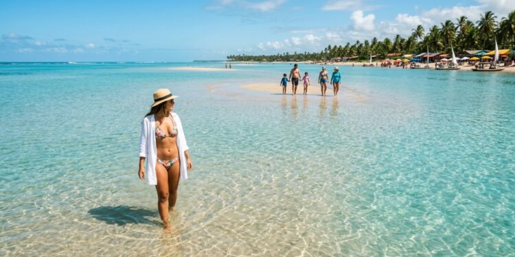 A praia nordestina com águas cristalinas como vidro e um mar que recua revelando bancos de areia