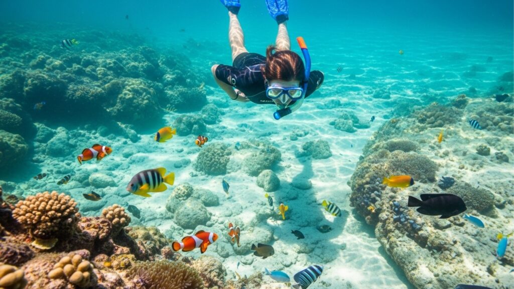 A praia com mar de água quente e águas rasas é perfeita para relaxar o ano todo