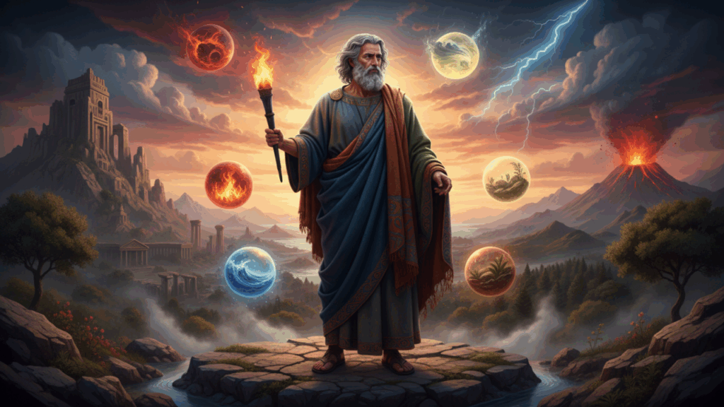 Empédocles, filósofo pré-socrático e teórico dos quatro elementos: "Nada nasce do nada, nada retorna ao nada."