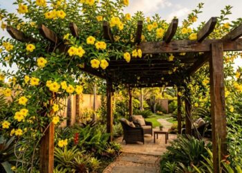 A trepadeira de flores em formato de sino que virou a favorita de pergolados porque atrai beija-flores diariamente e cresce sem sufocar as vigas de madeira