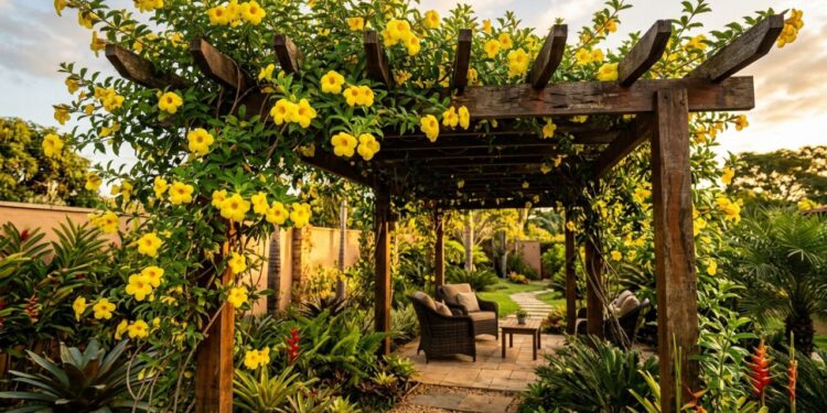 A trepadeira de flores em formato de sino que virou a favorita de pergolados porque atrai beija-flores diariamente e cresce sem sufocar as vigas de madeira