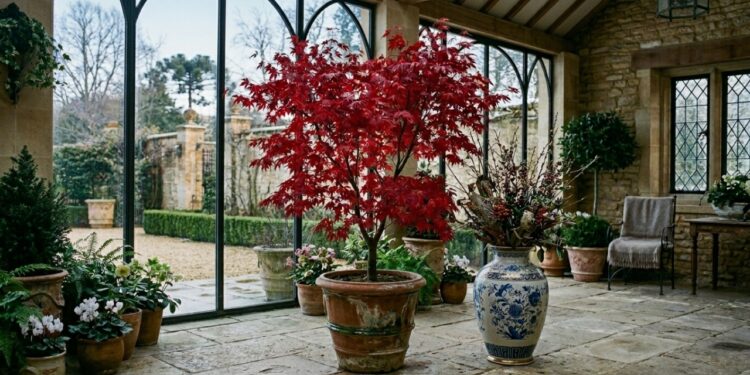 A árvore de folhas vermelhas que virou a favorita de jardins de inverno porque traz o clima europeu sem precisar de raízes profundas