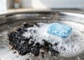 Cobrir o fundo da panela queimada com água morna e uma pastilha de lava-louças: um truque inteligente que solta a sujeira sozinho