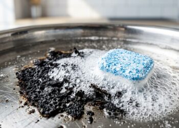 Cobrir o fundo da panela queimada com água morna e uma pastilha de lava-louças: um truque inteligente que solta a sujeira sozinho