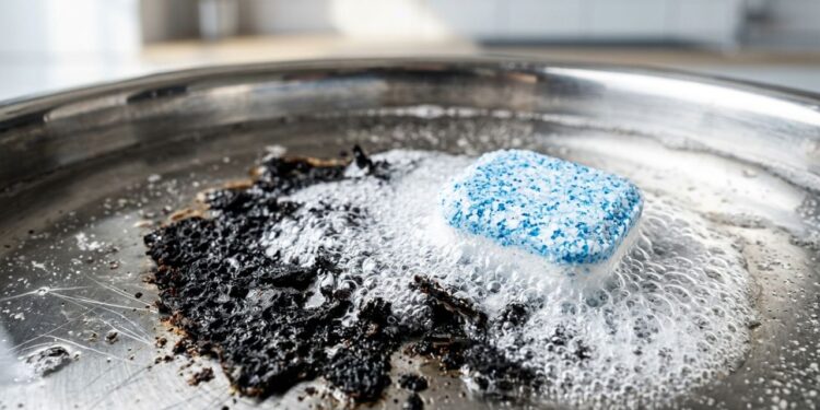 Cobrir o fundo da panela queimada com água morna e uma pastilha de lava-louças: um truque inteligente que solta a sujeira sozinho