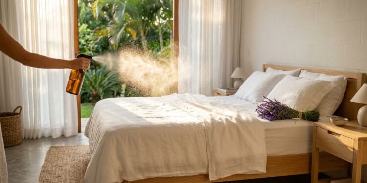 Misturar álcool 70%, água e algumas gotas de essência de lavanda para borrifar na cama: um truque inteligente para dormir melhor