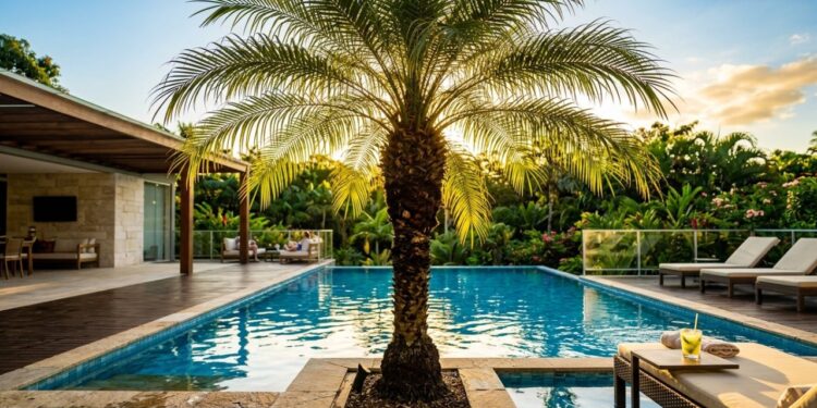 A palmeira anã que virou a favorita de beiras de piscina porque não faz sujeira na água e suporta o calor intenso sem queimar