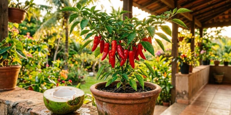 As pimentas crescem como fermento: ao plantá-las no buraco, umedeça a terra com um pouco de água de coco passada