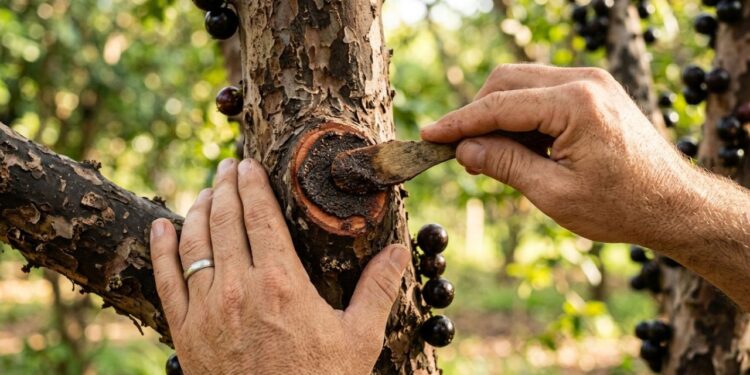 Como podar a jabuticabeira para obter mais frutos limpando a base do tronco principal para a luz do sol bater direto na casca sem barreiras de folhas