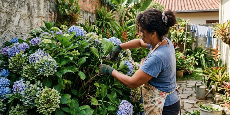 Como podar a hortênsia para obter flores mais cheias no verão seguinte cortando os cachos murchos ainda no outono