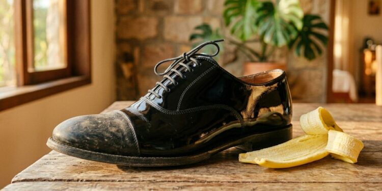 Esfregar a parte interna da casca de banana em sapatos de couro escuro: um truque inteligente para um brilho instantâneo