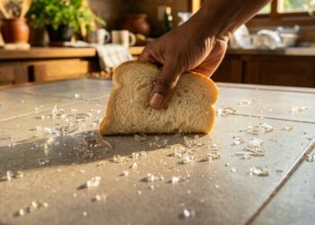 Pressionar uma fatia de pão de forma no chão onde um copo quebrou: um truque inteligente para recolher os cacos invisíveis