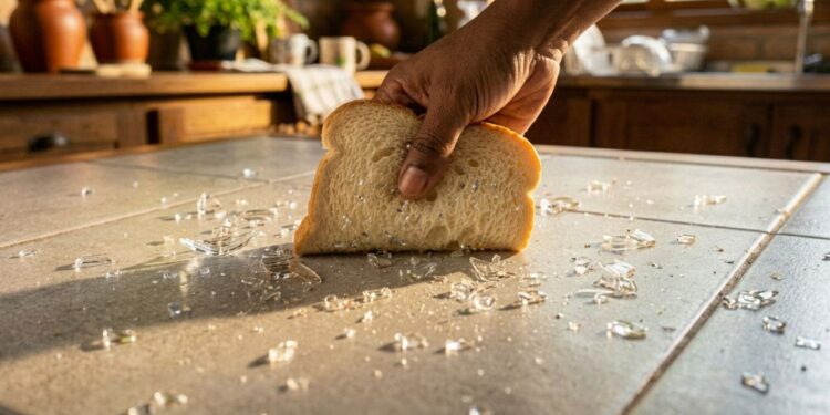 Pressionar uma fatia de pão de forma no chão onde um copo quebrou: um truque inteligente para recolher os cacos invisíveis