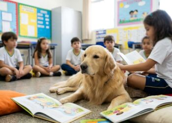 Durante atividade escolar, golden retriever percebe menino triste e cena emociona alunos e professores