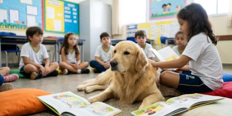 Durante atividade escolar, golden retriever percebe menino triste e cena emociona alunos e professores