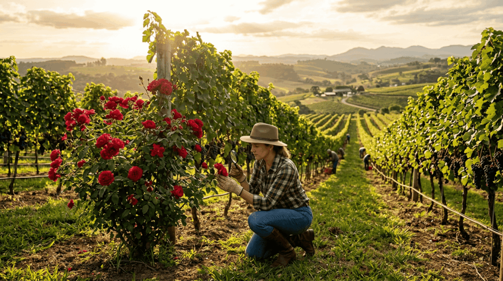Demorei muito para entender por que nas plantações de uva quase sempre existe uma roseira plantada na ponta da fileira