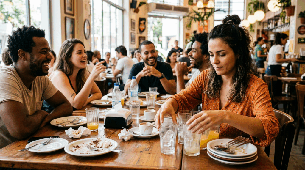 Ajudar o garçom a tirar a mesa parece um gesto gentil: mas psicólogos enxergam algo muito mais profundo