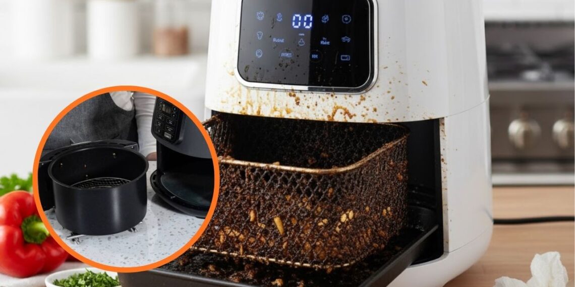 Nem escova metálica, nem lixa: este utensílio com água morna limpa a airfryer sem danificar