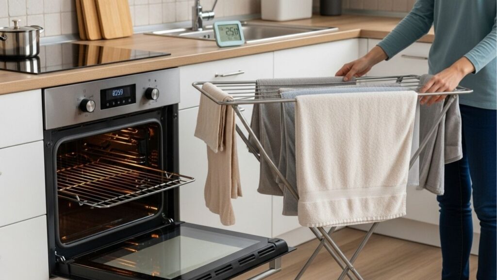 O ar quente do forno elétrico pode ajudar a secar roupas pequenas