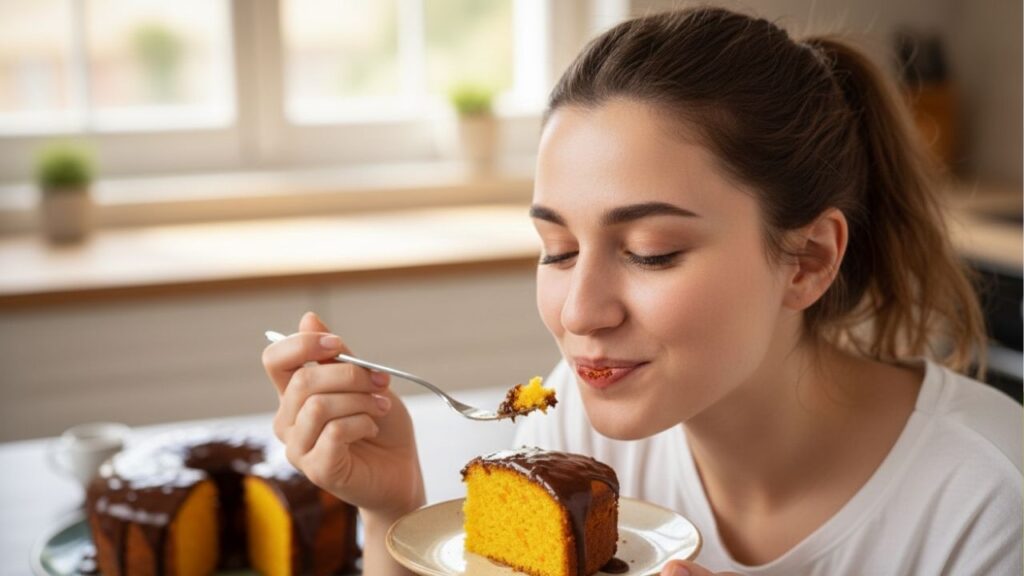 Bolo de cenoura com ganache de chocolate pronto em 8 minutos