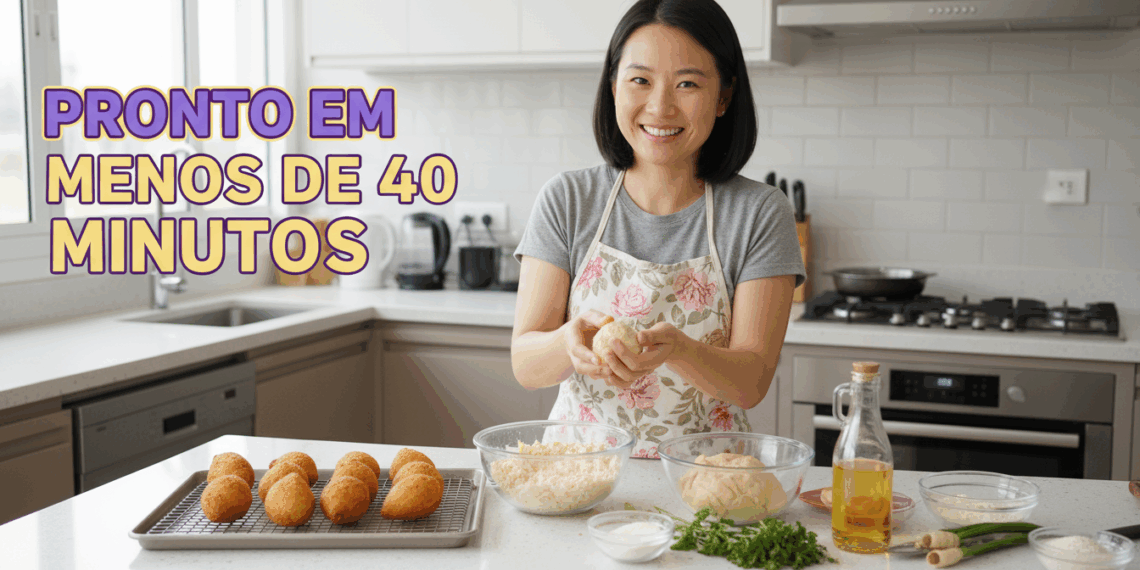 Receita de uma crocante coxinha de frango que fica pronto em menos de 40 minutos