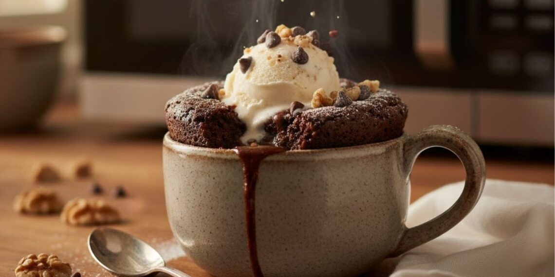 Brownie de micro-ondas feito com apenas 4 ingredientes e fica pronto em 3 minutos, uma opção prática e deliciosa para saborear no lanche da tarde
