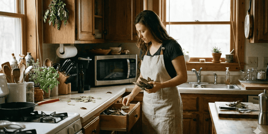 mulher colocando as folhas de louro pela casa