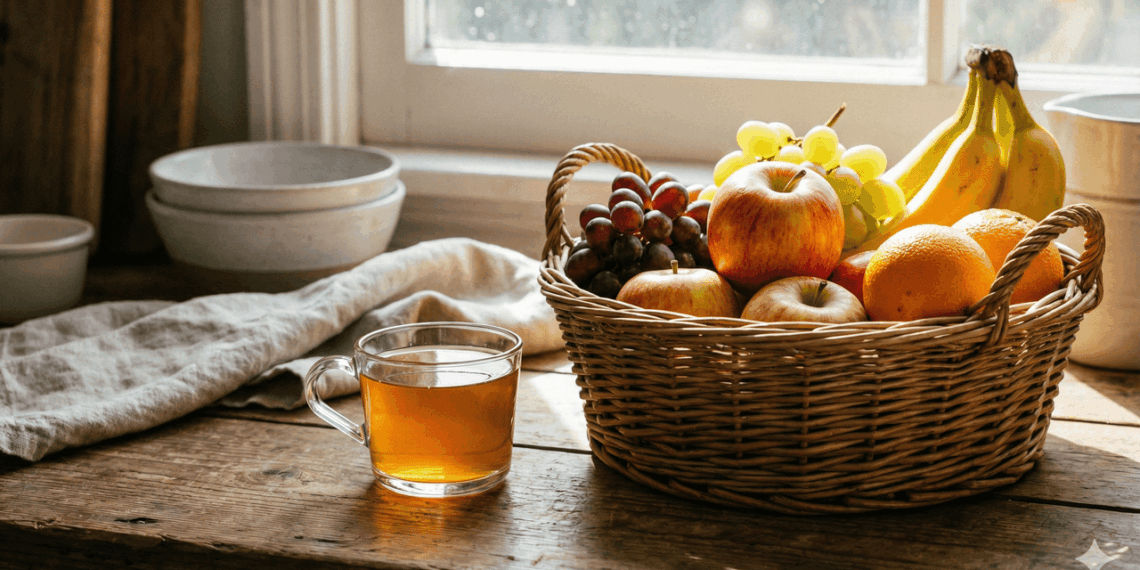 Copo de vinagre ao lado do cesto de frutas para espantar moscas
