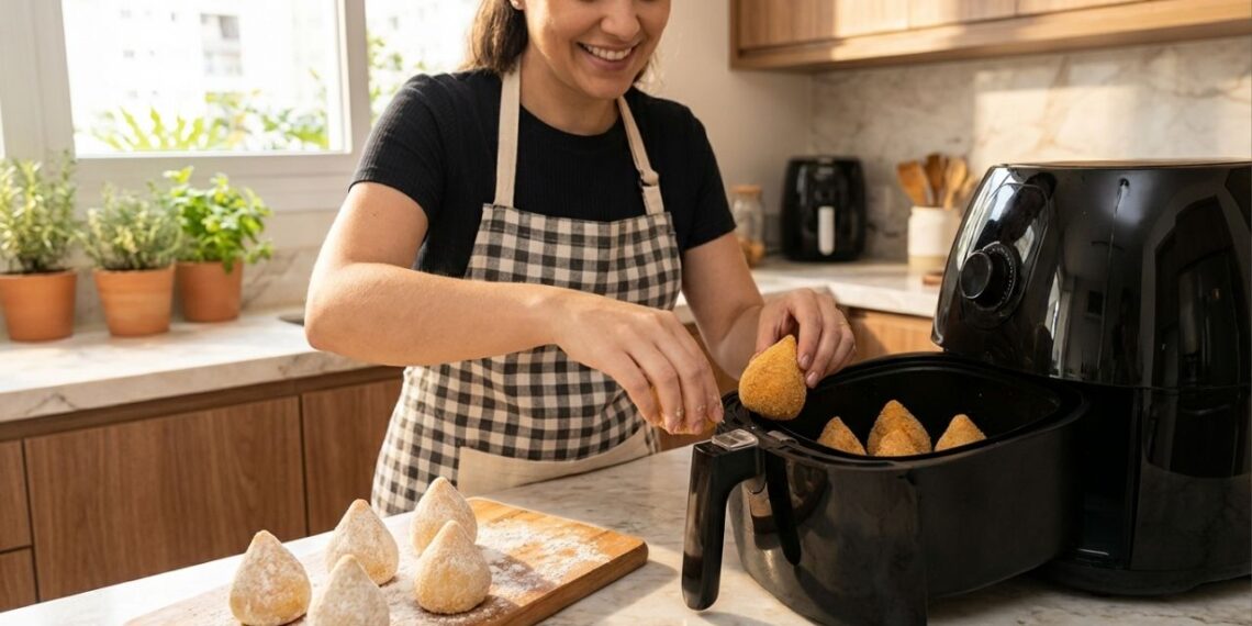 Receita de coxinha crocante por fora e cremosa por dentro feita na airfryer em 14 minutos
