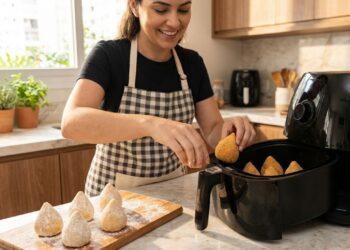Receita de coxinha crocante por fora e cremosa por dentro feita na airfryer em 14 minutos