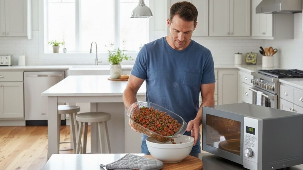 Carne moída de micro-ondas pronta em 10 minutos, pode ser saboreada sozinha ou servida como base para outras refeições, ideal para rotinas agitadas 