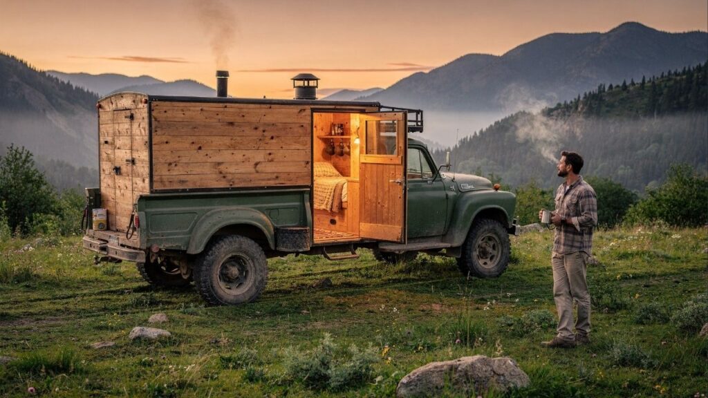 Um homem transformou um caminhão velho em uma casa sobre rodas funcional e desmontável, com cozinha, cama e aquecimento, para viver com conforto no meio da natureza
