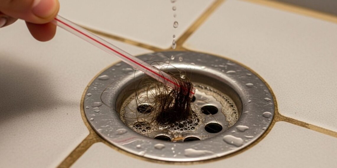 Truque simples para desentupir o ralo do banheiro usando apenas um canudo, removendo cabelos e evitando água parada