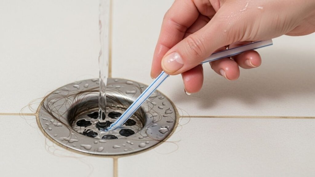 Truque simples para desentupir o ralo do banheiro usando apenas um canudo, removendo cabelos e evitando água parada