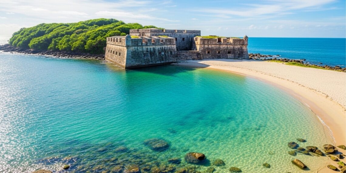 A pequena ilha com fortaleza do século XVIII e mar tão calmo que parece uma piscina natural