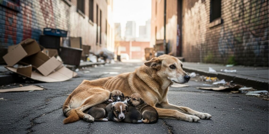 Cachorro ferido continua protegendo seus filhotes até ser encontrado por voluntários