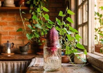 A batata-doce brota como fermento: antes de plantar no buraco, deixe a ponta submersa na água com palitos de dente