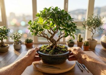 Como podar o bonsai de ficus para obter um crescimento denso cortando as pontas toda vez que nascerem três folhas novas